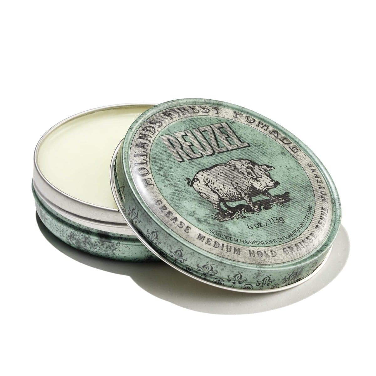 Reuzel Green Pomade in a jar, medium hold, providing a shiny, slick hairstyle with a classic grooming look.