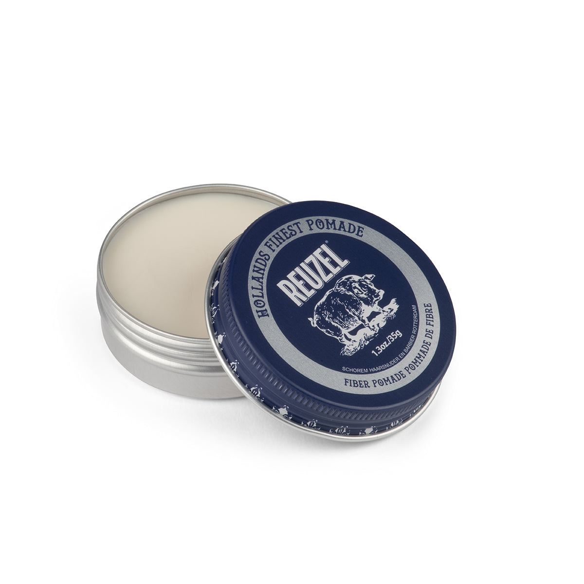 REUZEL Fiber Pomade container with lid open on a white background