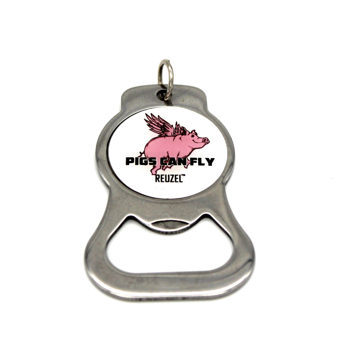 Reuzel keychain from featuring a pink pig with wings, text "PIGS CAN FLY" and REUZEL.