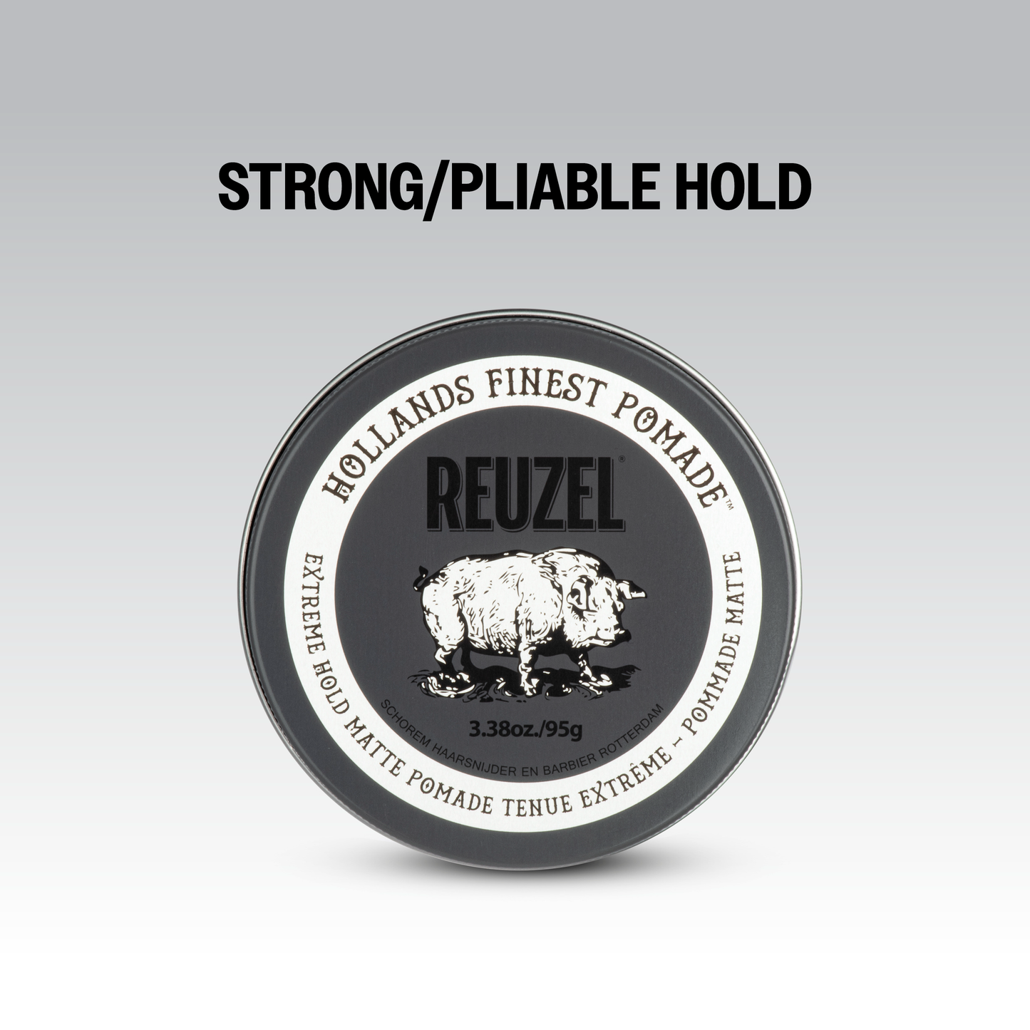 Reuzel Deutschland Extreme Hold Matte Pomade jar with black lid and label, showing product name and branding.