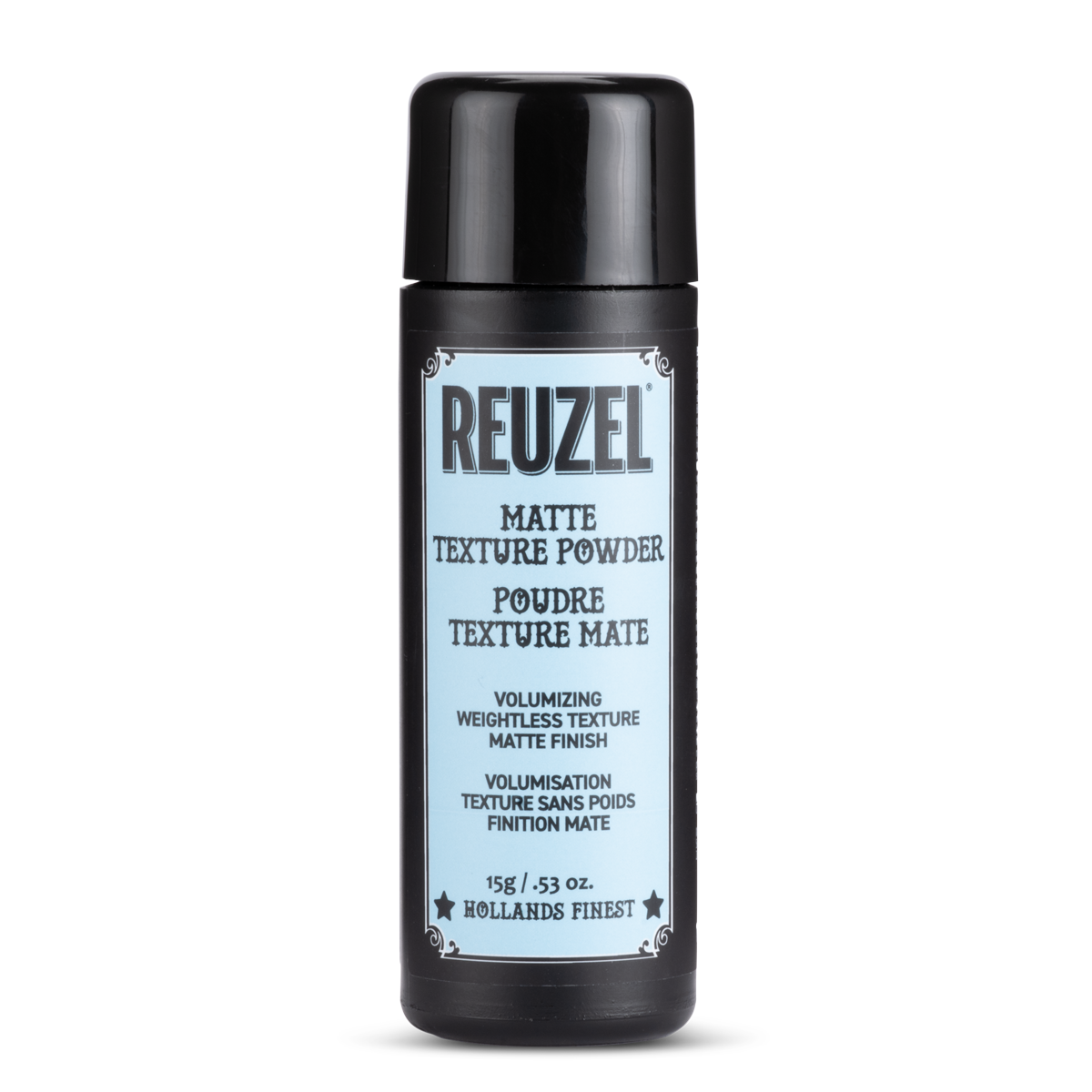 Reuzel Deutschland matte texture powder for hair styling, showing a container with the powder and styling results.