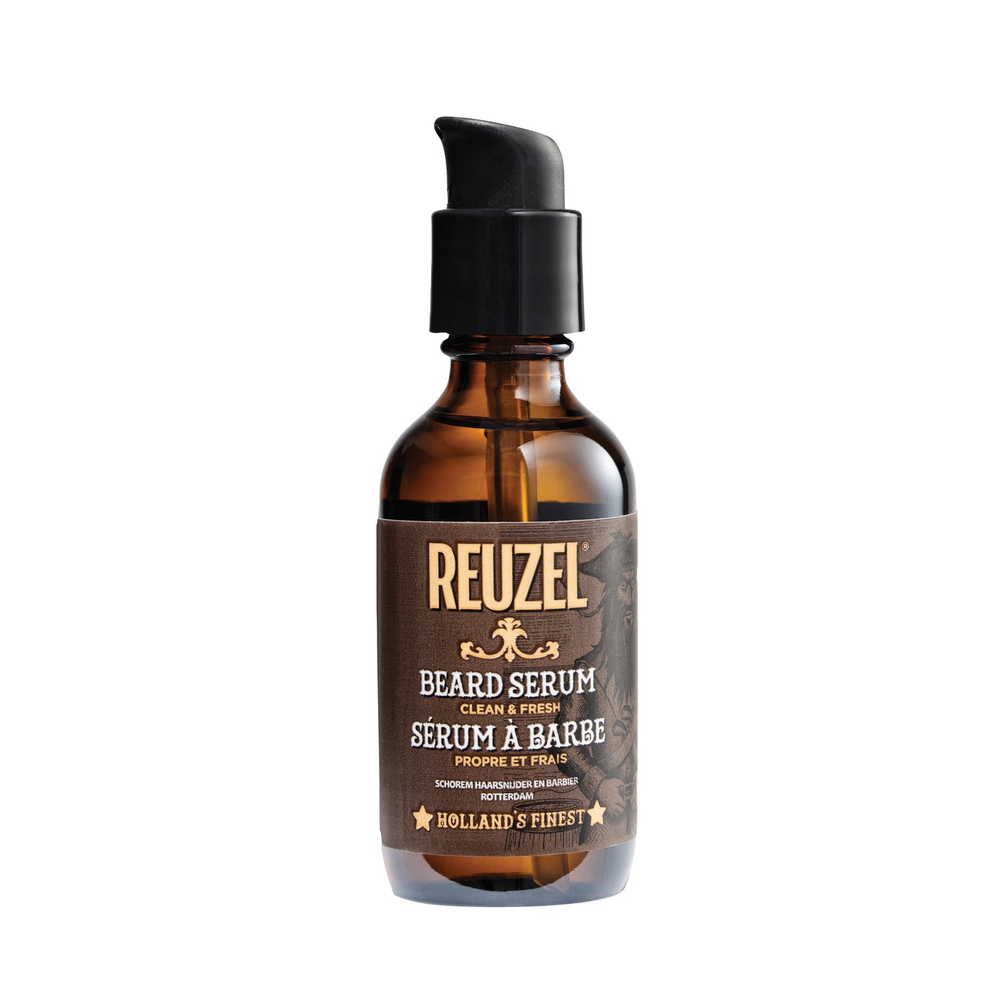 Reuzel Deutschland Clean & Fresh Beard Serum in a clear bottle with a dropper, displaying a clean, well-groomed beard.