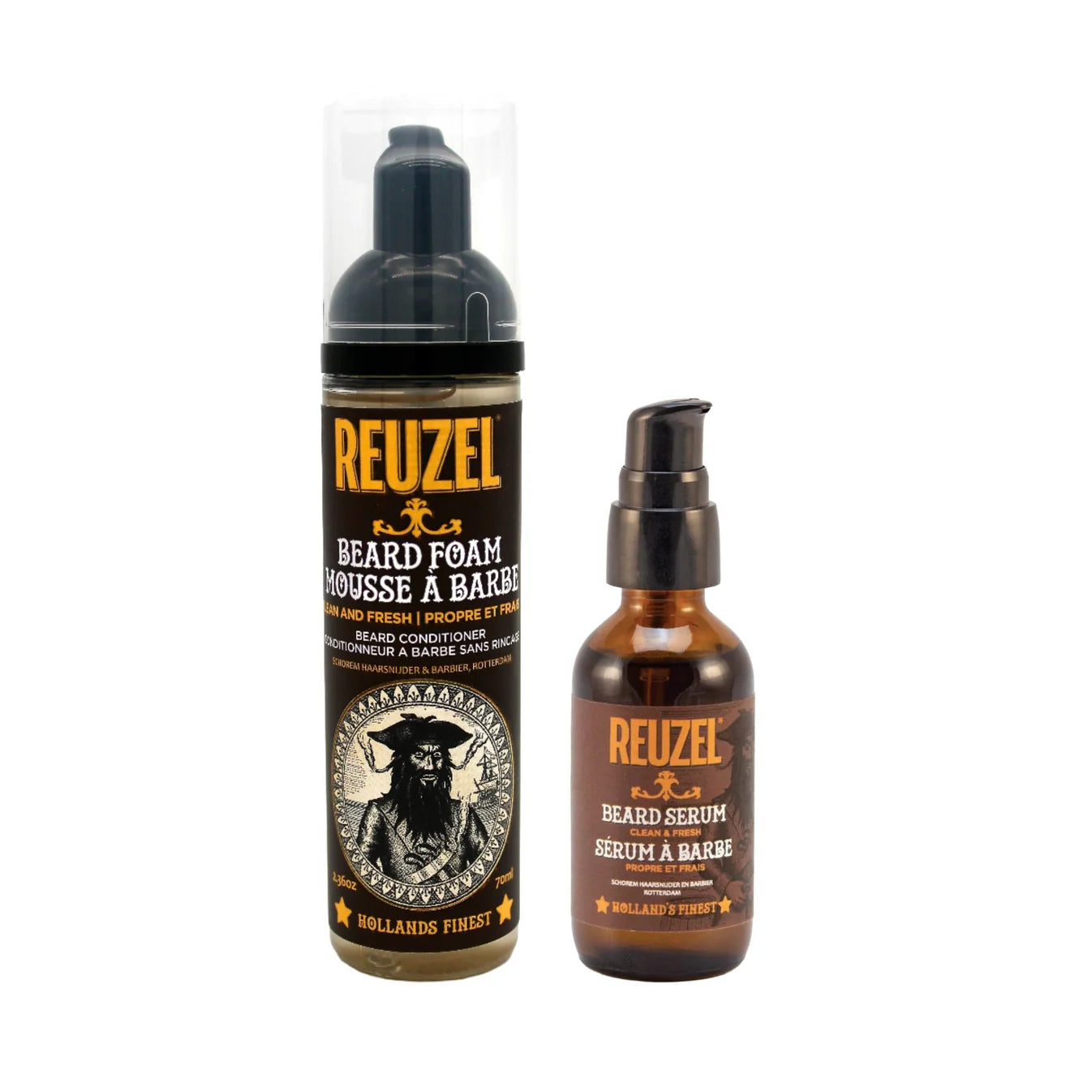 Reuzel Deutschland Clean & Fresh Beard Gift Set with beard oil, balm, and grooming tools on a clean background.