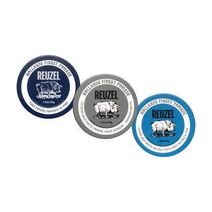 Reuzel Deutschland Try Me Pomade bundle with 1.3oz jars of styling pomade for men's hair grooming.