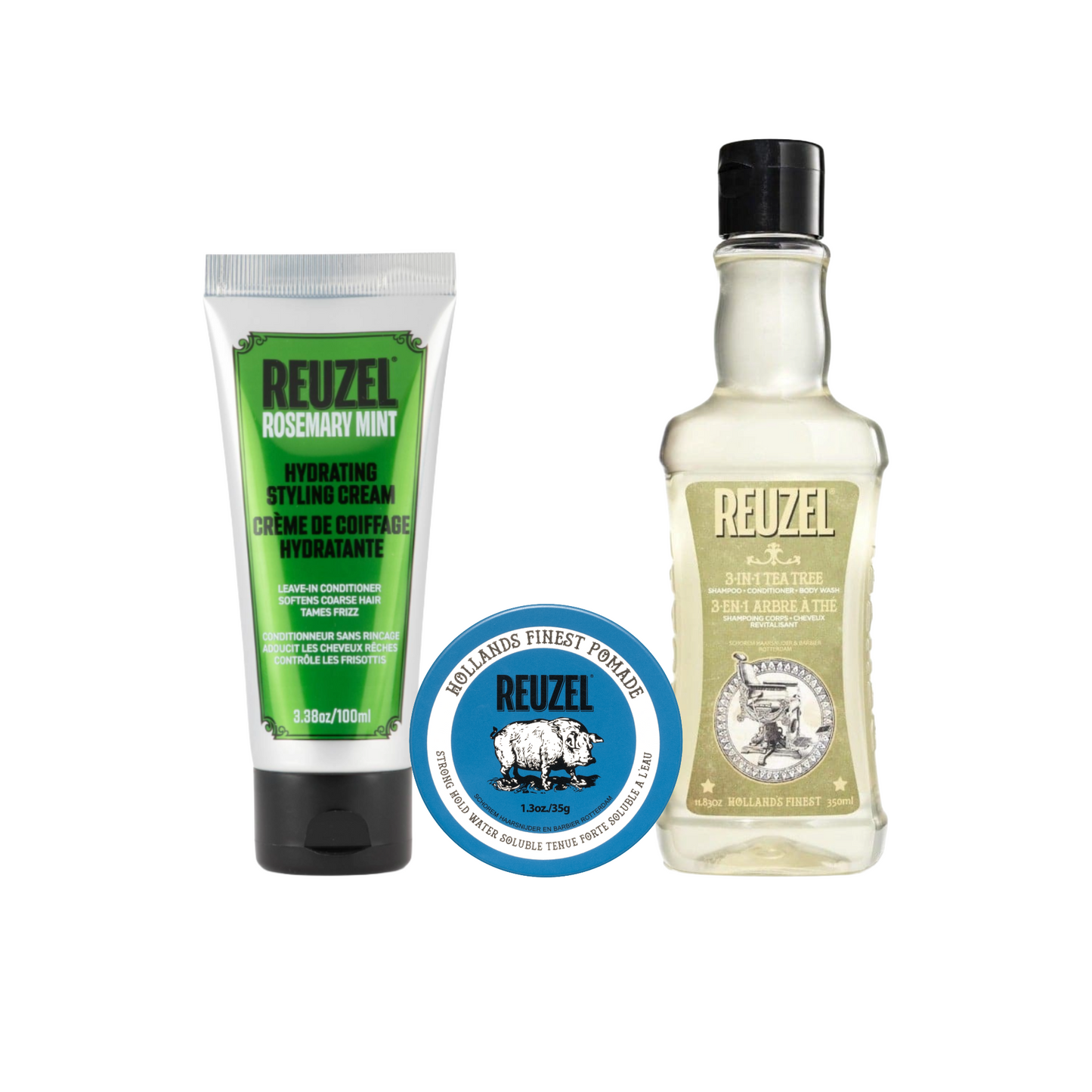 Reuzel Deutschland textured hair care bundle featuring pomade styling products with a textured finish for tousled, matte hair.