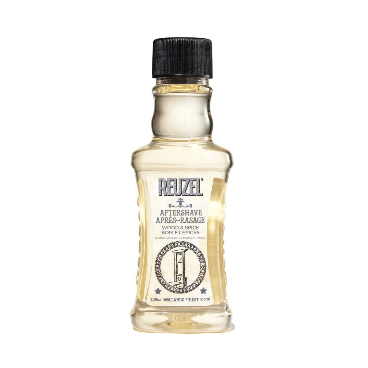 Reuzel Deutschland Wood & Spice aftershave in a glass bottle, featuring earthy and spicy scent for beard grooming.