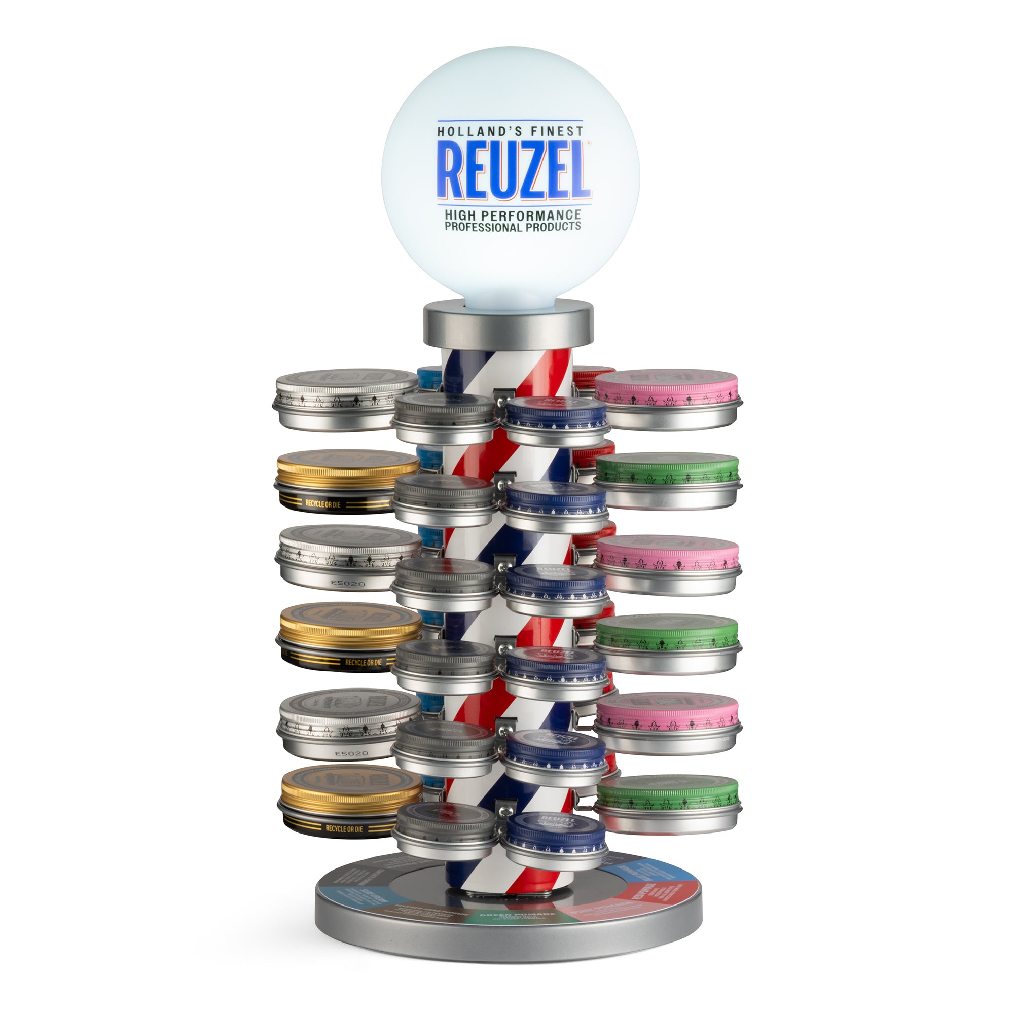 Reuzel Barber Pole 2.0 rotating pomade display with illuminated LED Reuzel globe and red, white and blue pole, filled with 35 g and 95 g pomade tins