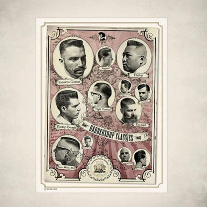 Reuzel Deutschland barbershop classics poster featuring vintage grooming and barbering designs in vibrant colors.