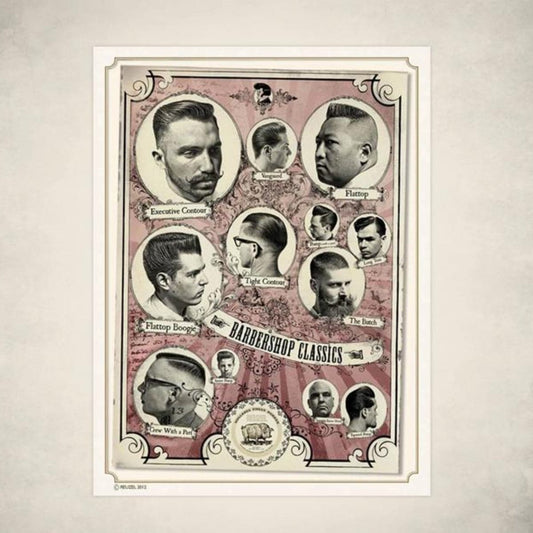 Reuzel Deutschland barbershop classics poster featuring vintage grooming and barbering designs in vibrant colors.