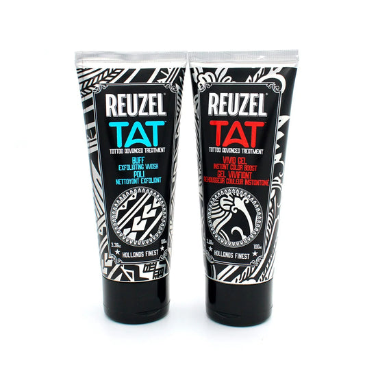 Reuzel Deutschland TAT Duo Buff Exfoliating Wash and Vivid Gel for tattoo aftercare, displayed in a bundle image on a white background.