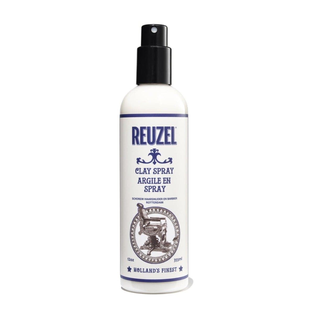 Reuzel Clay Spray hair styling product in a spray bottle, designed for textured, matte finish hair styling.