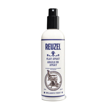 Reuzel Clay Spray hair styling product in a spray bottle, designed for textured, matte finish hair styling.