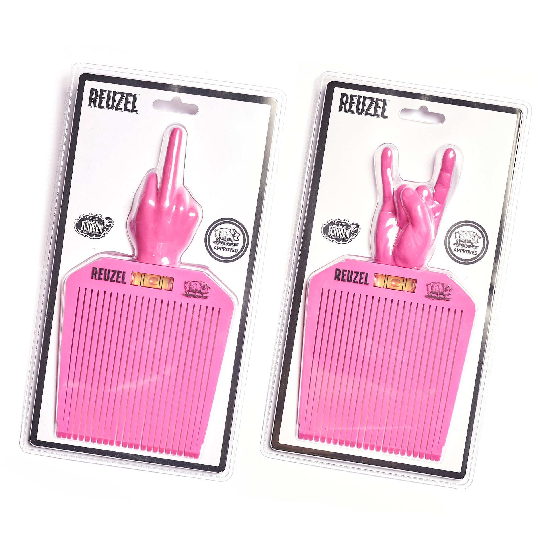 Reuzel Deutschland Flat Top Comb Duo in packaging, professional grooming combs with flat tops for styling and detangling hair.