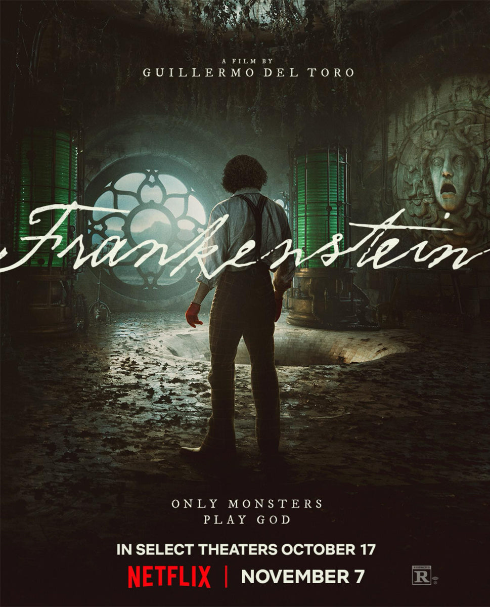 Movie poster for 'Frankenstein' by Guillermo del Toro with a dark, eerie setting.