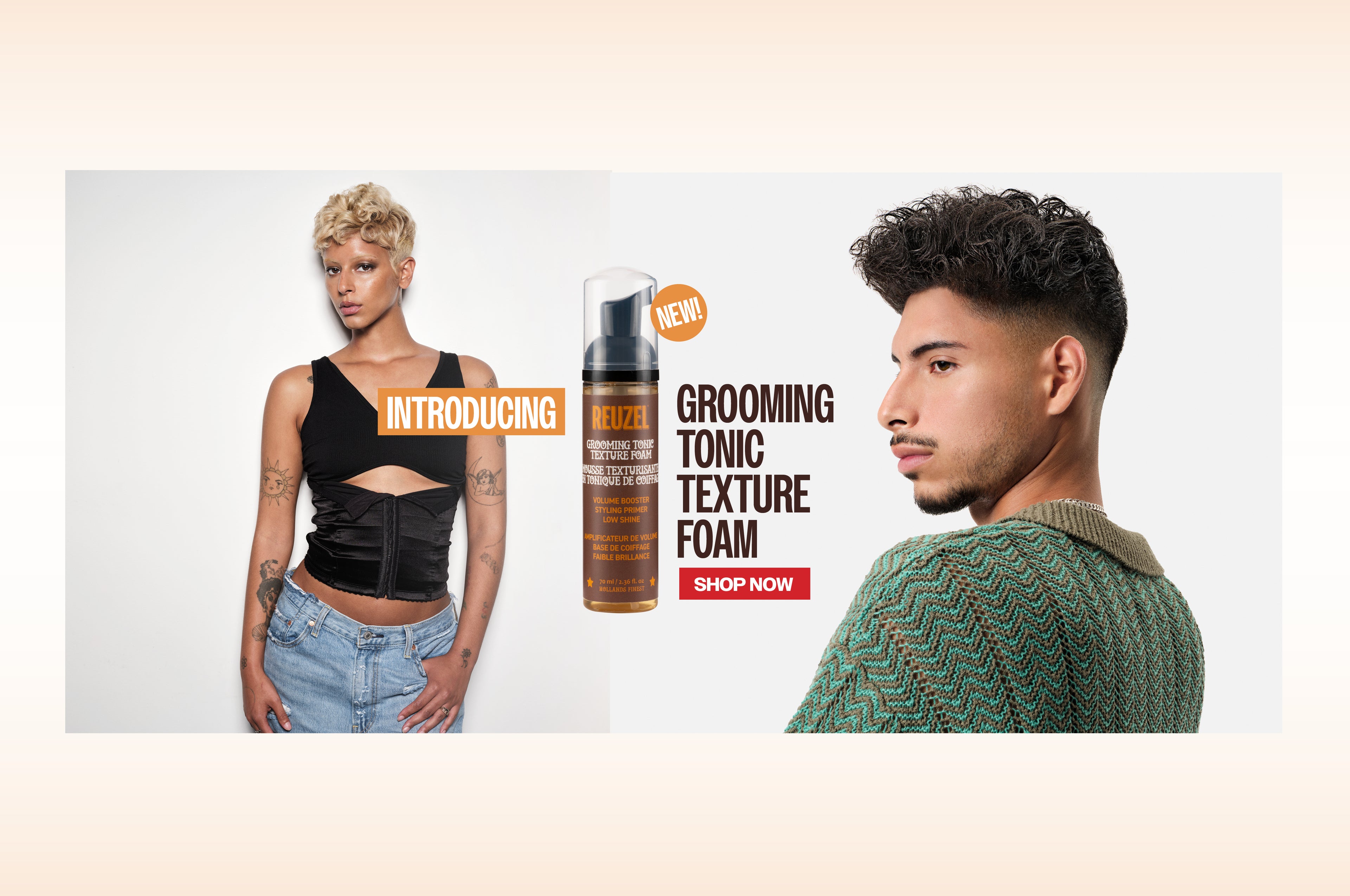 Advertisement for Reuzel Grooming Tonic Texture Foam featuring two models and product packaging.