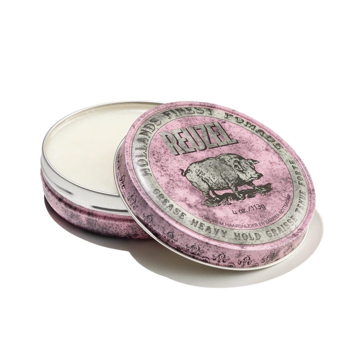 Reuzel Pink Pomade in a jar, showcasing the greasy, heavy hold styling product for men's hair styling.