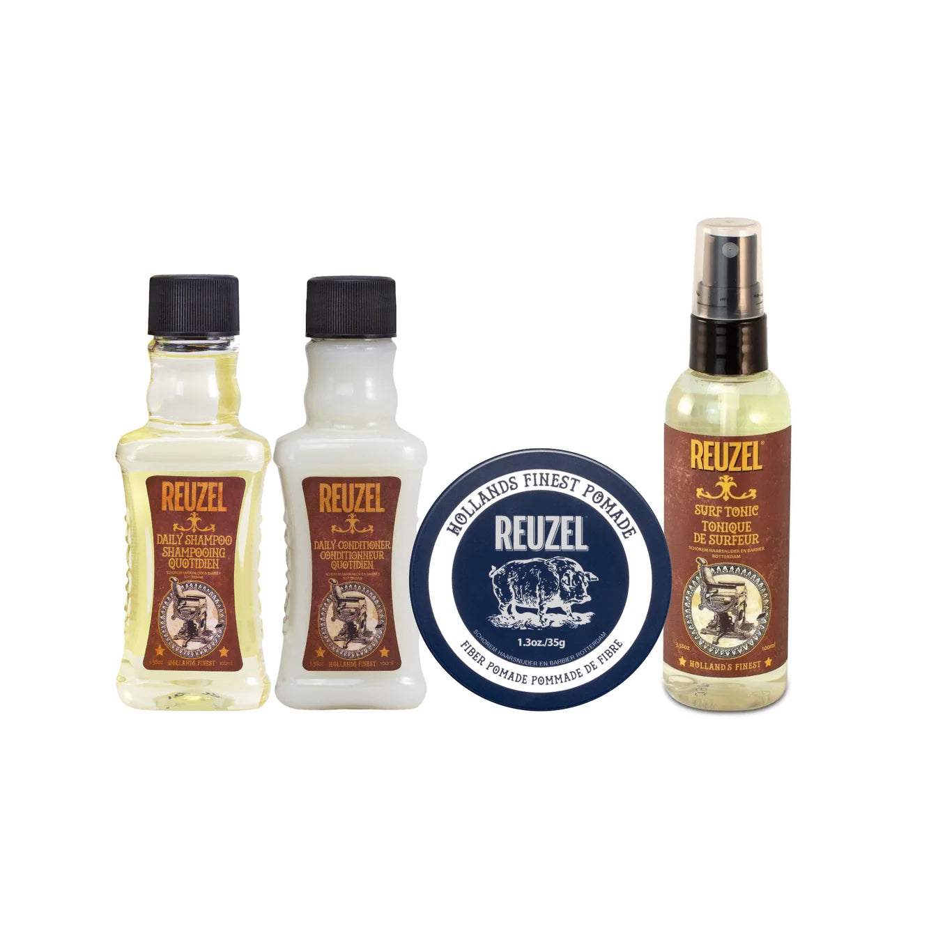 Intro to Reuzel bundle featuring Reuzel Deutschland pomade, showcasing the classic hair styling product in a professional setting.