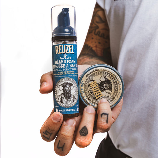 Reuzel Deutschland beard care set with original beard balm and foam, featuring grooming products for a well-maintained beard.