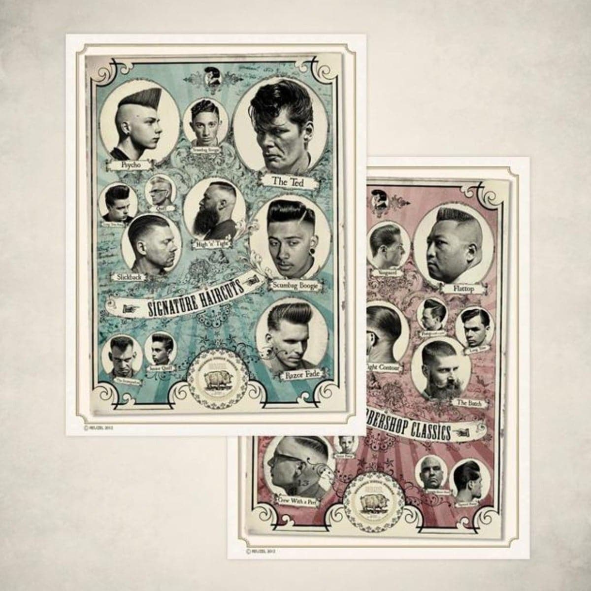 Reuzel Deutschland Barbershop Classics poster set featuring vintage-inspired barber and grooming-themed illustrations.