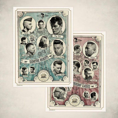 Reuzel Deutschland Barbershop Classics poster set featuring vintage-inspired barber and grooming-themed illustrations.