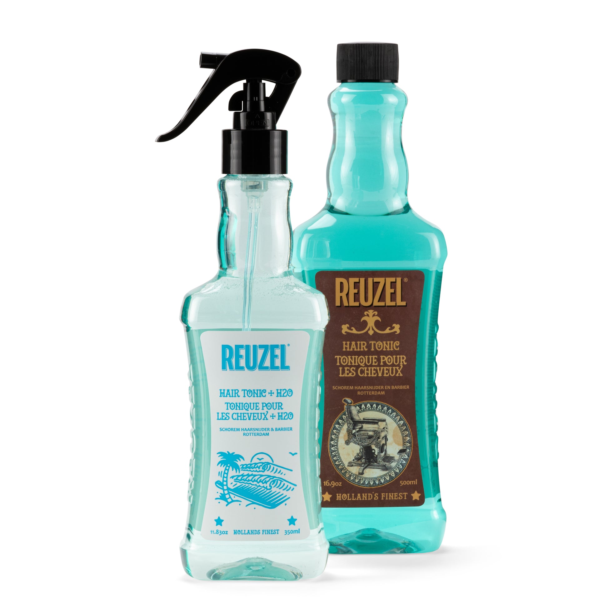 Reuzel Deutschland spray bottle and hair tonic for grooming, with the spray nozzle and product label visible.