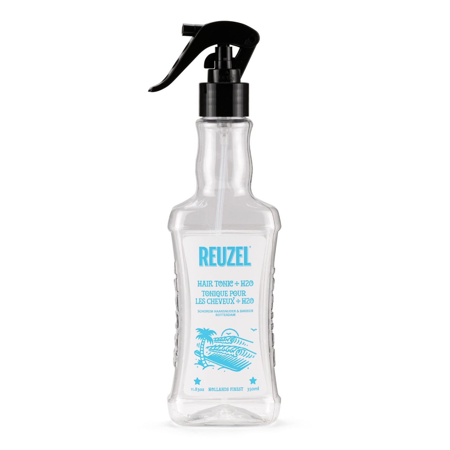 Empty Reuzel Deutschland spray bottle, a black plastic hair styling merch bottle with a spray nozzle.