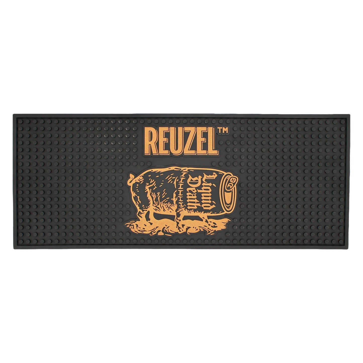 Reuzel Liquid Death Barber Mat featuring a graphic severed head design, ideal for barber shops and grooming stations.