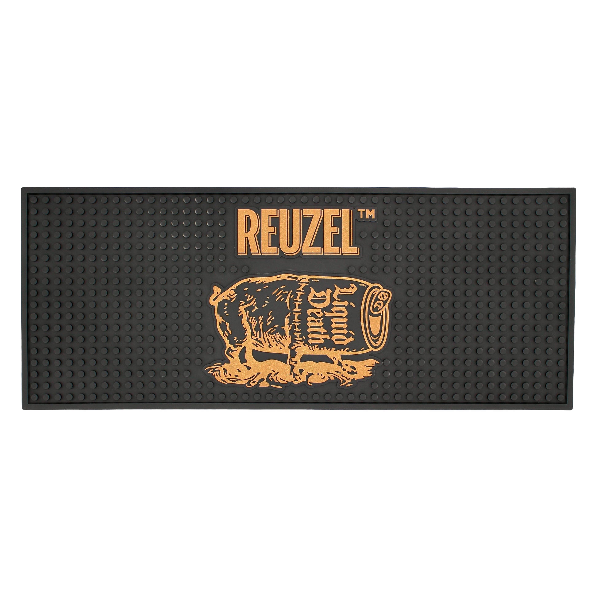 Reuzel Liquid Death Barber Mat featuring a graphic severed head design, ideal for barber shops and grooming stations.