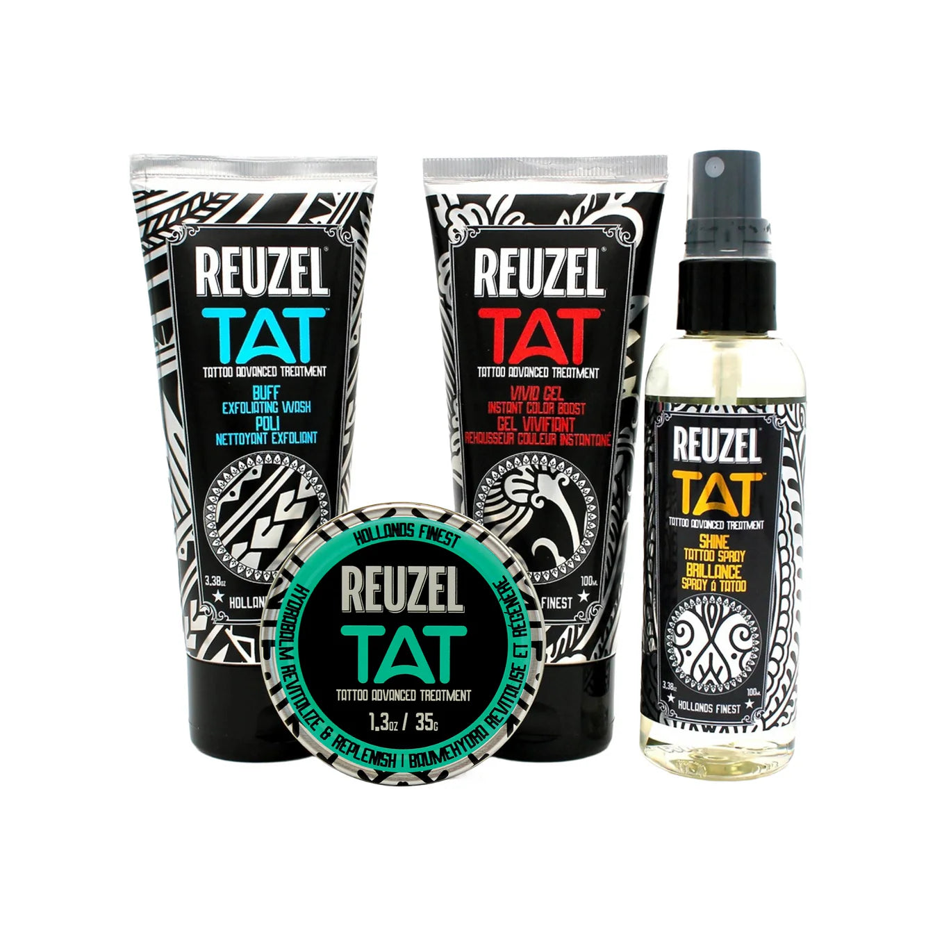 Reuzel TAT tattoo aftercare bundle with all Reuzel TAT products, including Hydrabalm, BUFF Exfoliating Wash, VIVID GEL and Shine Tattoo Spray