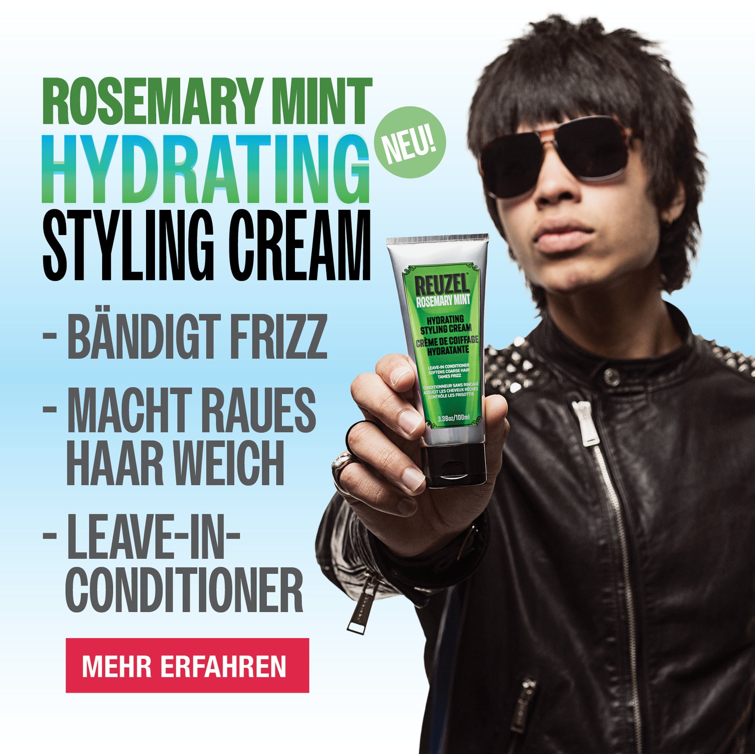 Person holding Reuzel Rosemary Mint Hydrating Styling Cream with brand text on a light blue background