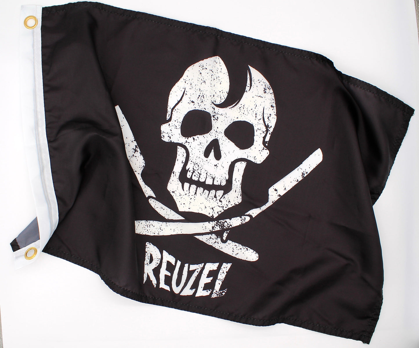 Reuzel Deutschland Jolly Roger pirate flag with skull and crossbones design, suitable for merchandise and pirate-themed decoration.