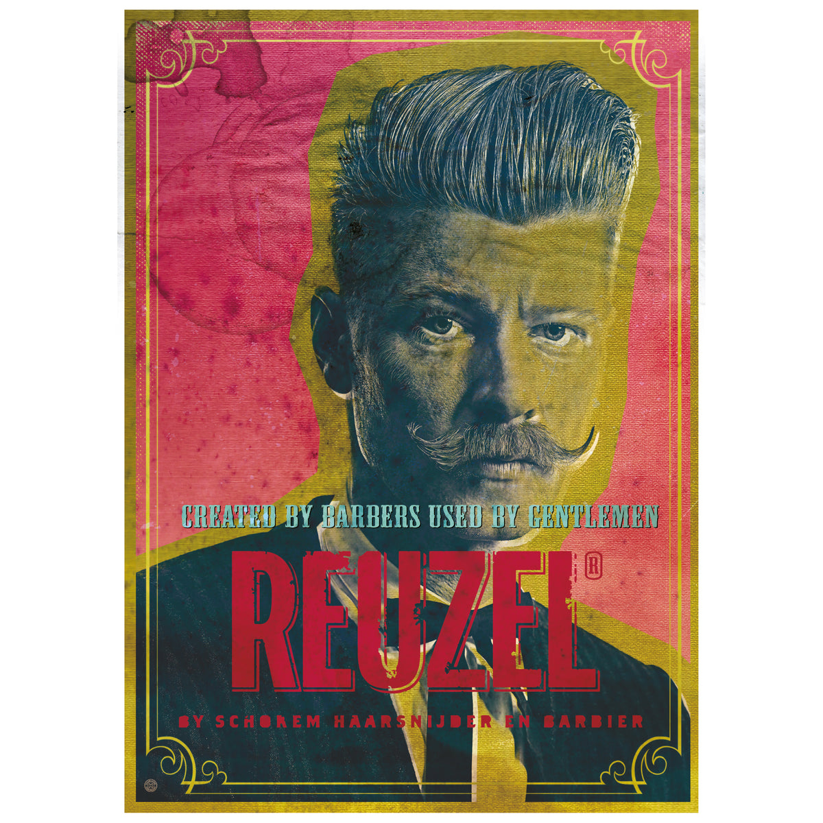 A vintage-style illustrated poster or print featuring a man's portrait with bold pink, yellow, blue, and red graphic elements and large text reading 'REUZEL'.
