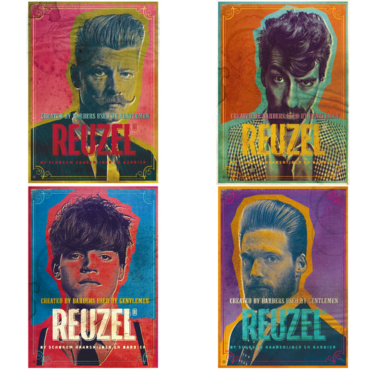 Four colorful poster-style portraits of Reuzel arranged in a 2x2 grid, each with a different vibrant background color and stylized text reading REUZEL.