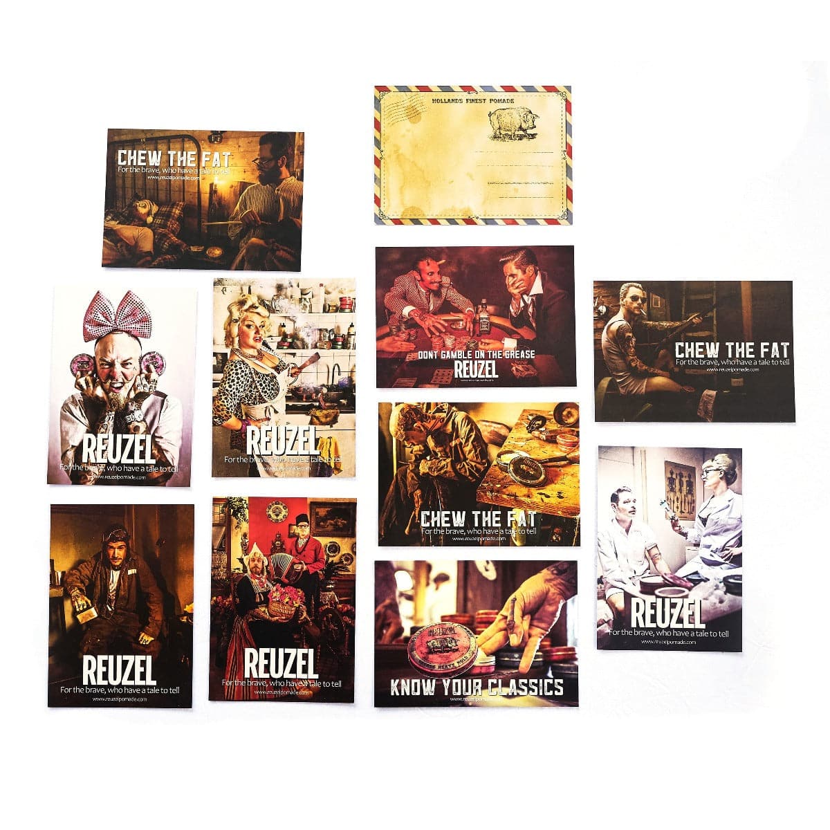 Set of 10 Reuzel Chew the Fat postcards featuring quirky, vintage-style illustrations, part of Reuzel Deutschland merchandise.