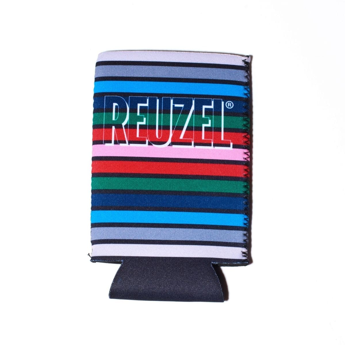 Reuzel Deutschland striped can cooler, premium merch koozie designed to keep drinks cold with stylish pattern.