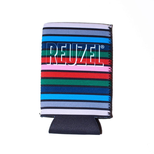 Reuzel Deutschland striped can cooler, premium merch koozie designed to keep drinks cold with stylish pattern.