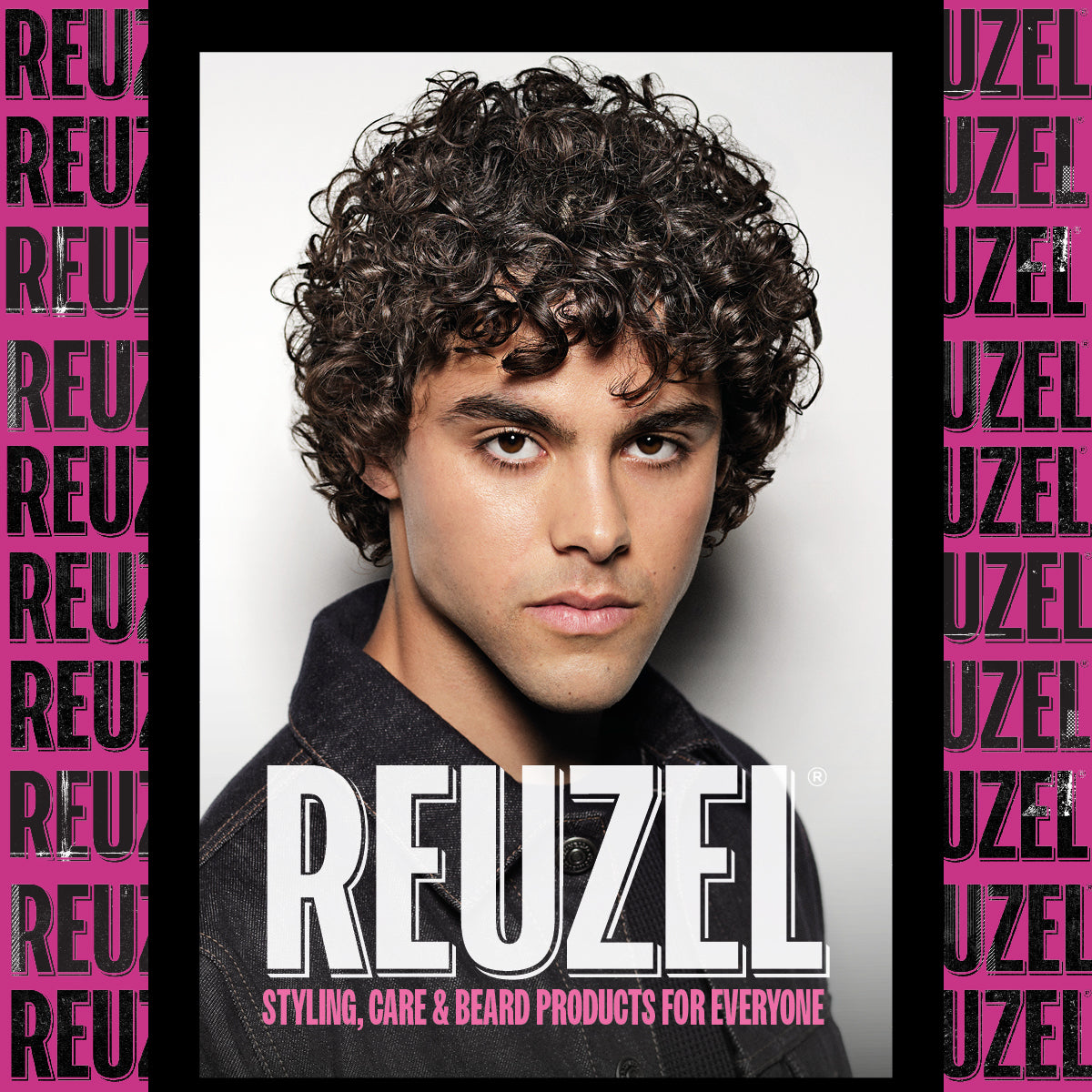 Reuzel Brand Brochure with a man with voluminous dark curly hair and a clean shave is shown in a studio portrait on the cover. With the large Reuzel logo and the text 'Styling, Care & Beard Products for Everyone' across the lower portion.