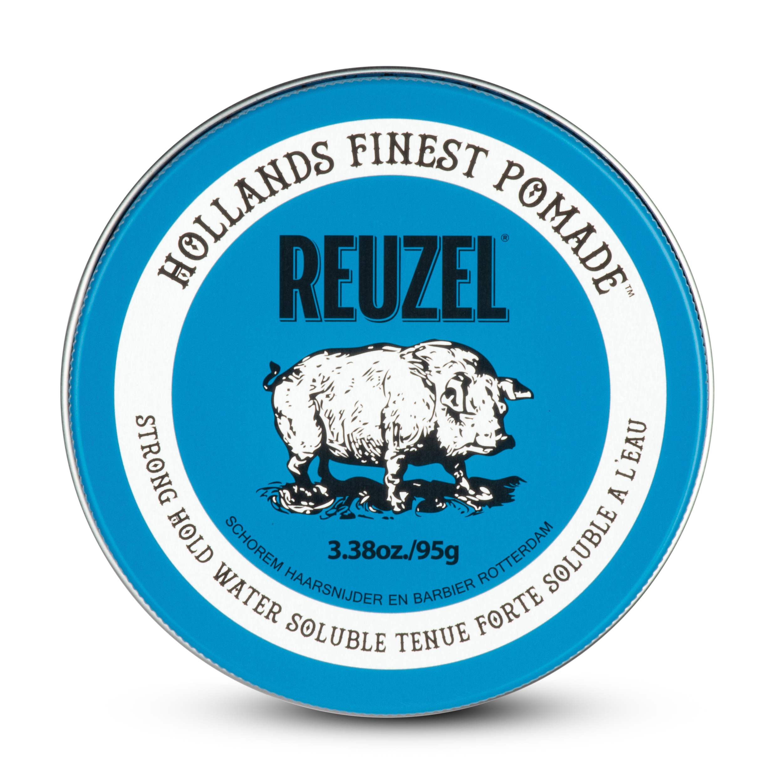 Reuzel Blue Pomade jar showing the blue label and lid, ideal for styling men's hair with a shiny, slick finish.