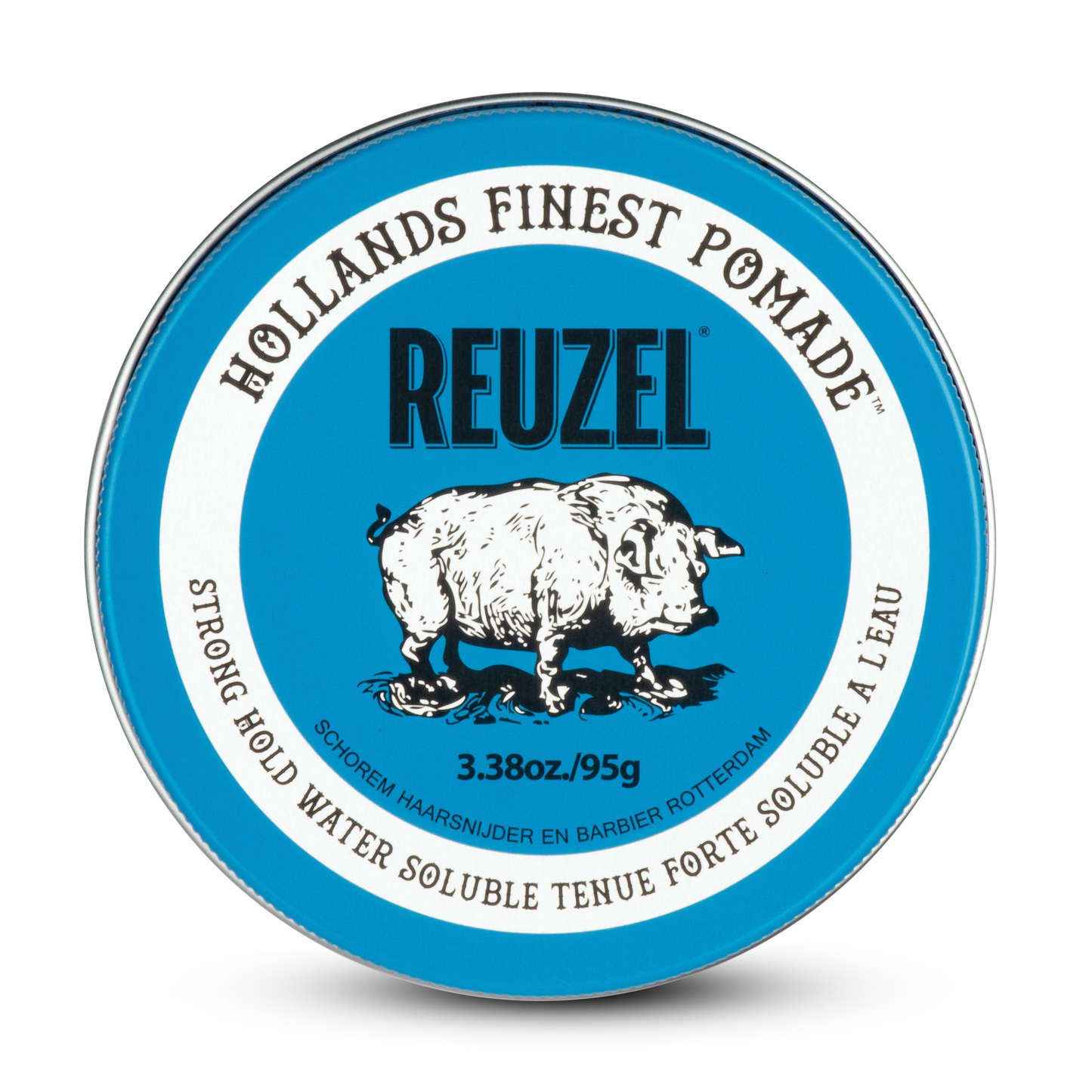 Reuzel Blue Pomade jar showing the blue label and lid, ideal for styling men's hair with a shiny, slick finish.