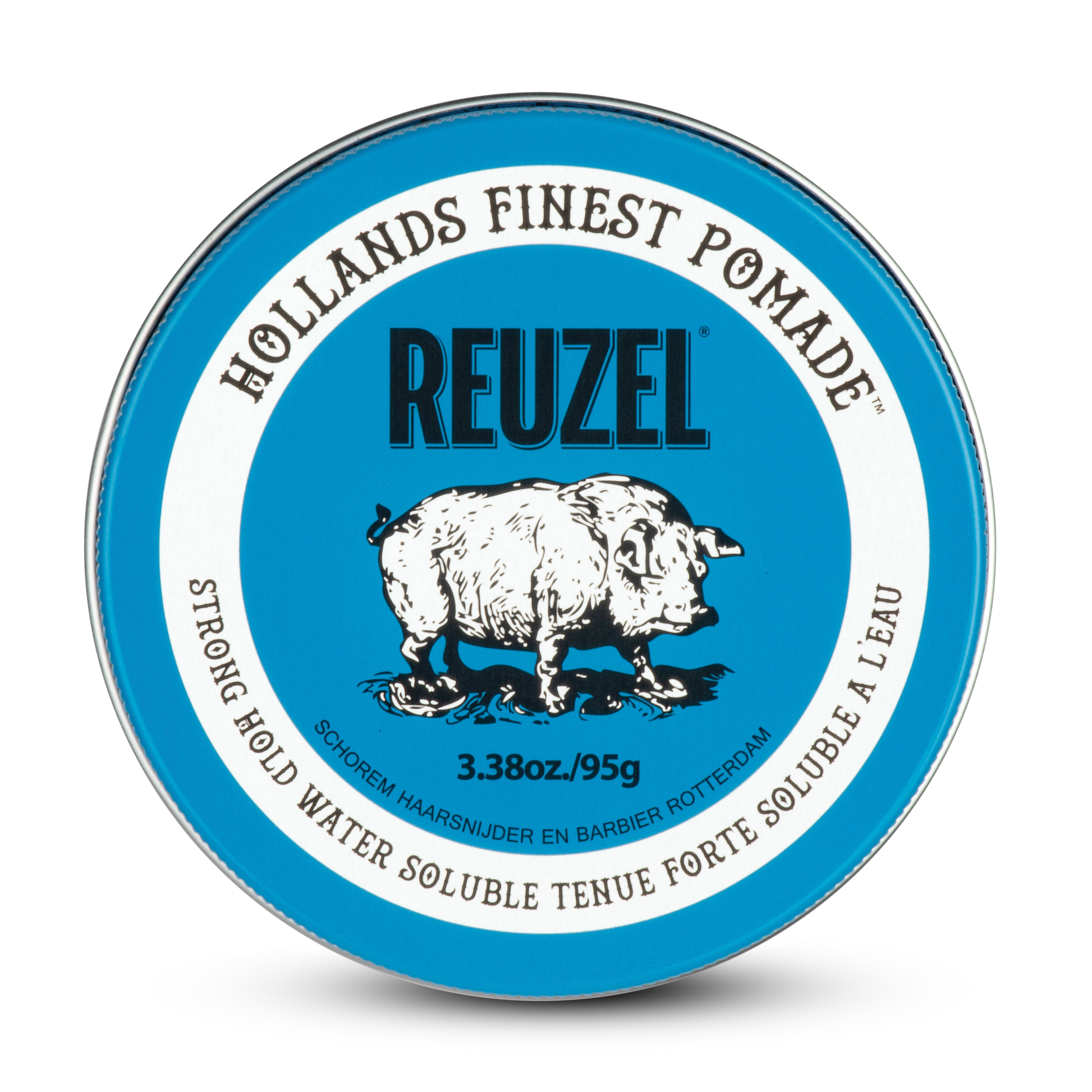Reuzel Blue Pomade jar showing the blue label and lid, ideal for styling men's hair with a shiny, slick finish.