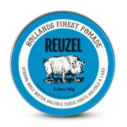 Reuzel Blue Pomade jar showing the blue label and lid, ideal for styling men's hair with a shiny, slick finish.