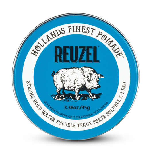 Reuzel Blue Pomade jar with label, showing classic blue packaging of Reuzel Deutschland's hair styling pomade.