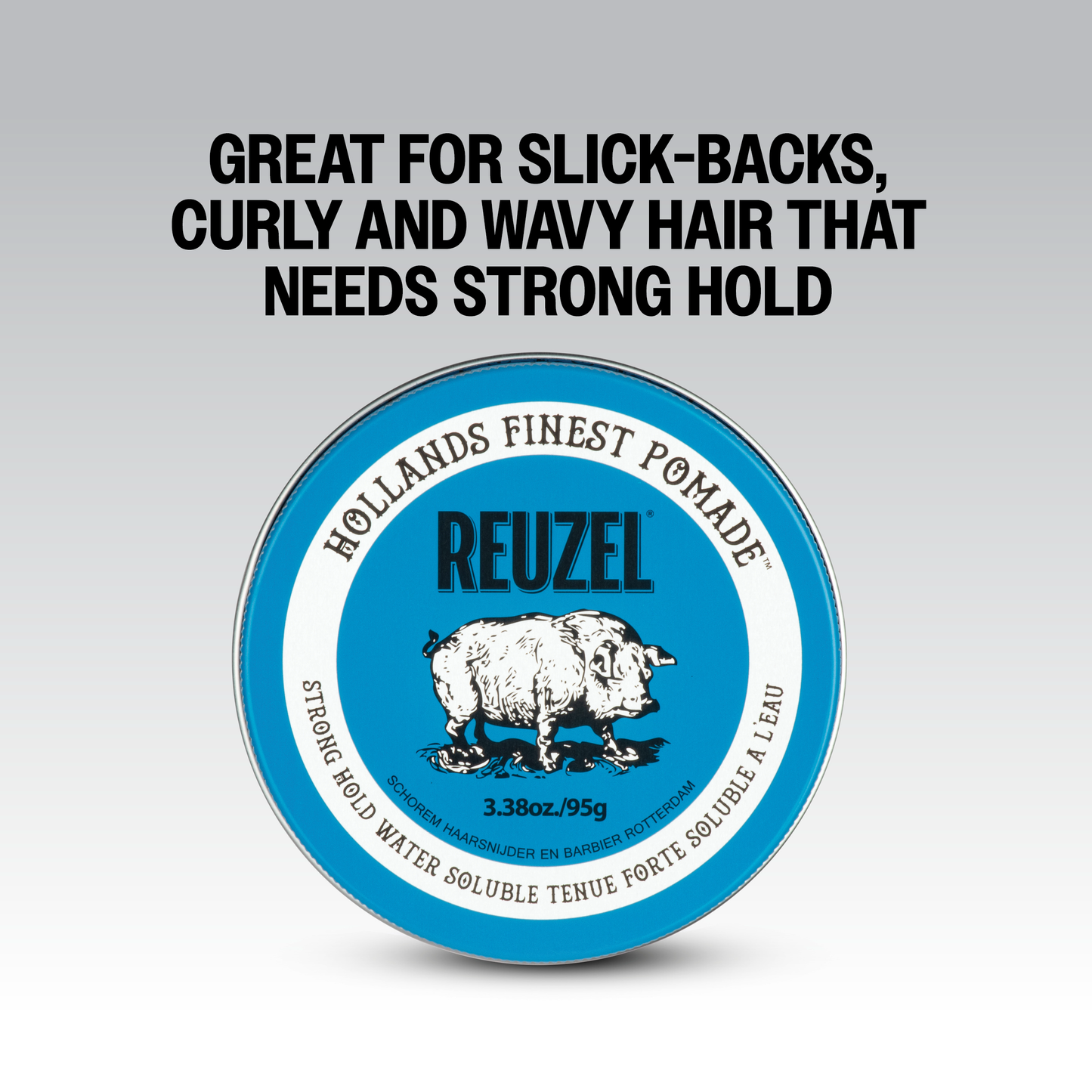 Reuzel Blue Pomade jar with blue label and lid, showcasing the classic hair pomade product from Reuzel Deutschland.