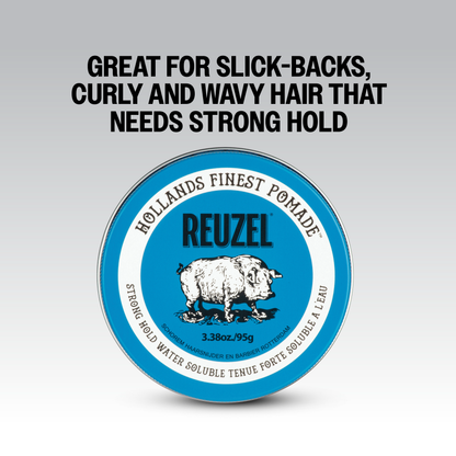 Reuzel Blue Pomade jar with blue label and lid, showcasing the classic hair pomade product from Reuzel Deutschland.
