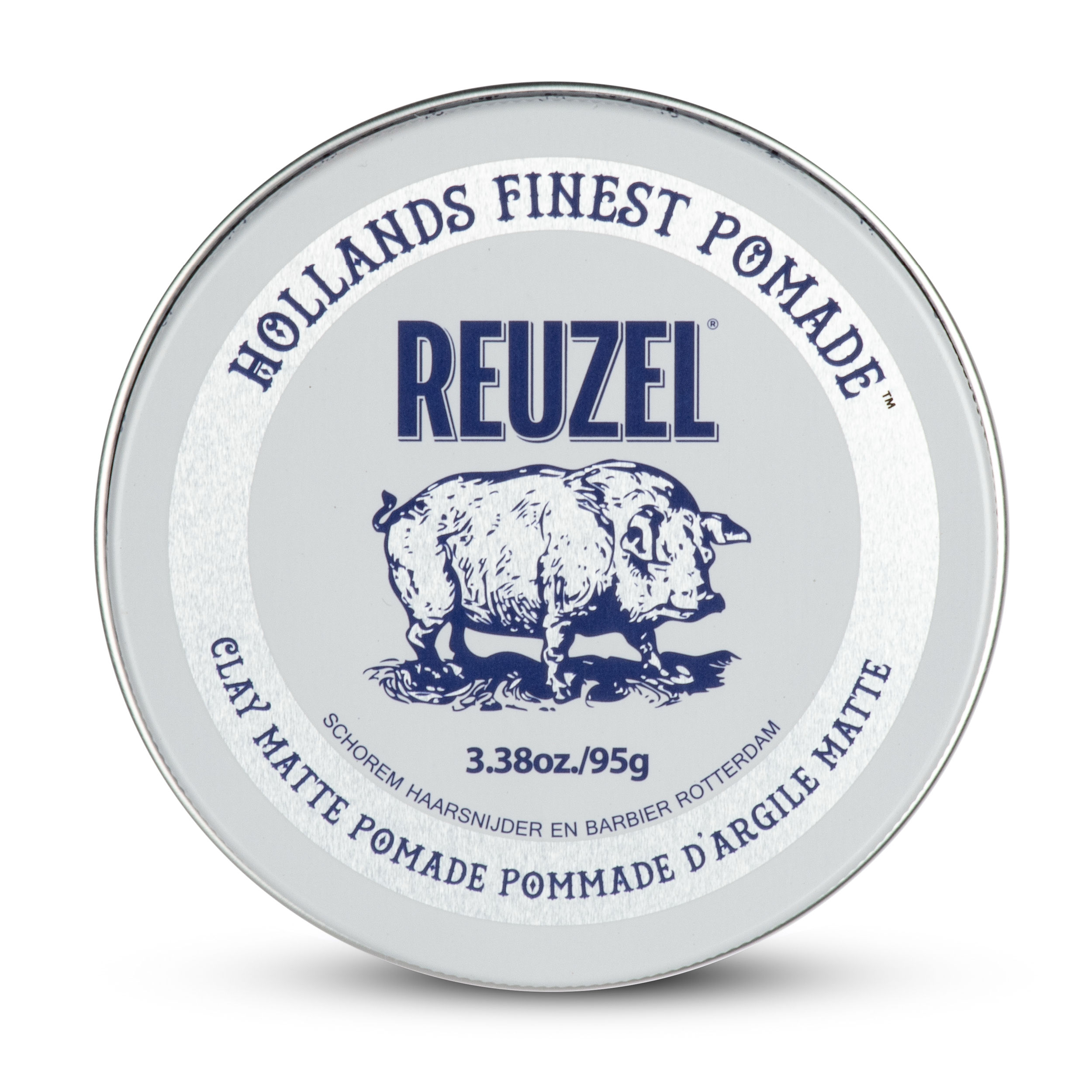 Reuzel Deutschland Clay Matte Pomade jar showing textured label and black lid, ideal for matte, strong hold styling.