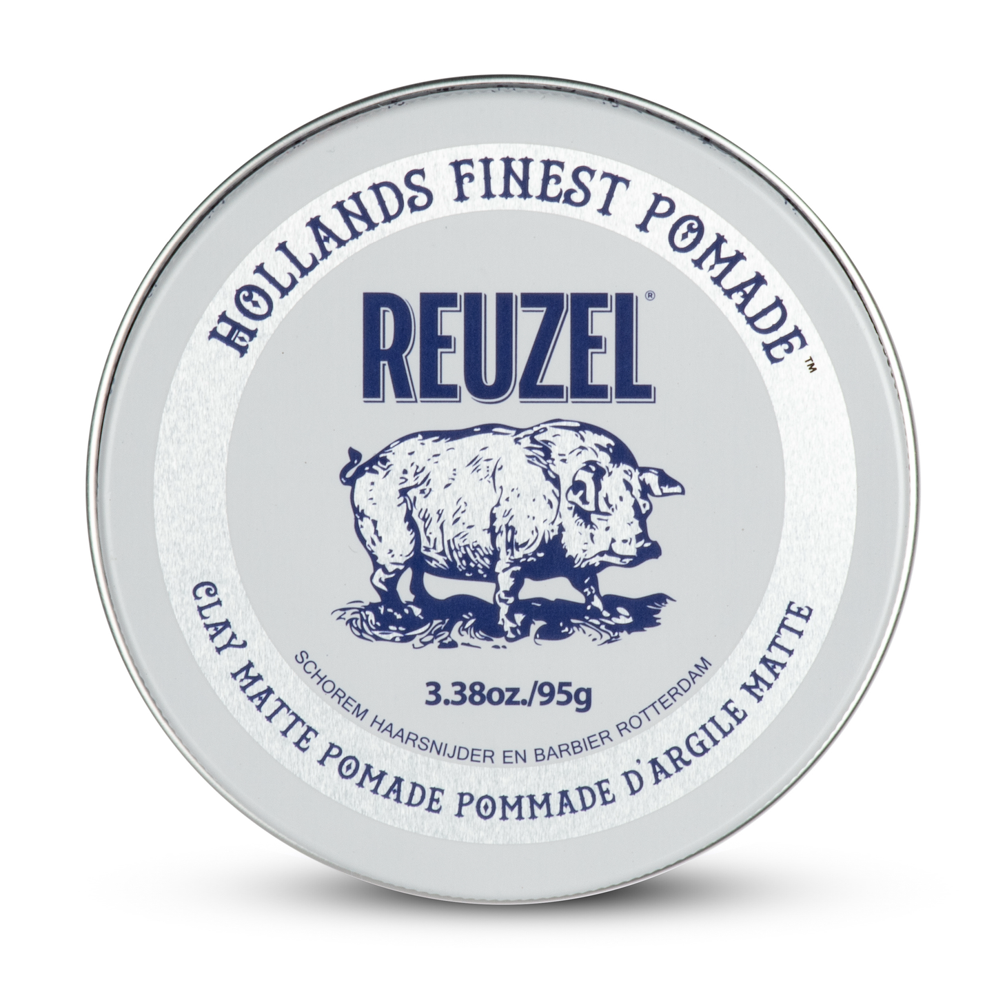 Reuzel Deutschland Clay Matte Pomade jar showing textured label and black lid, ideal for matte, strong hold styling.