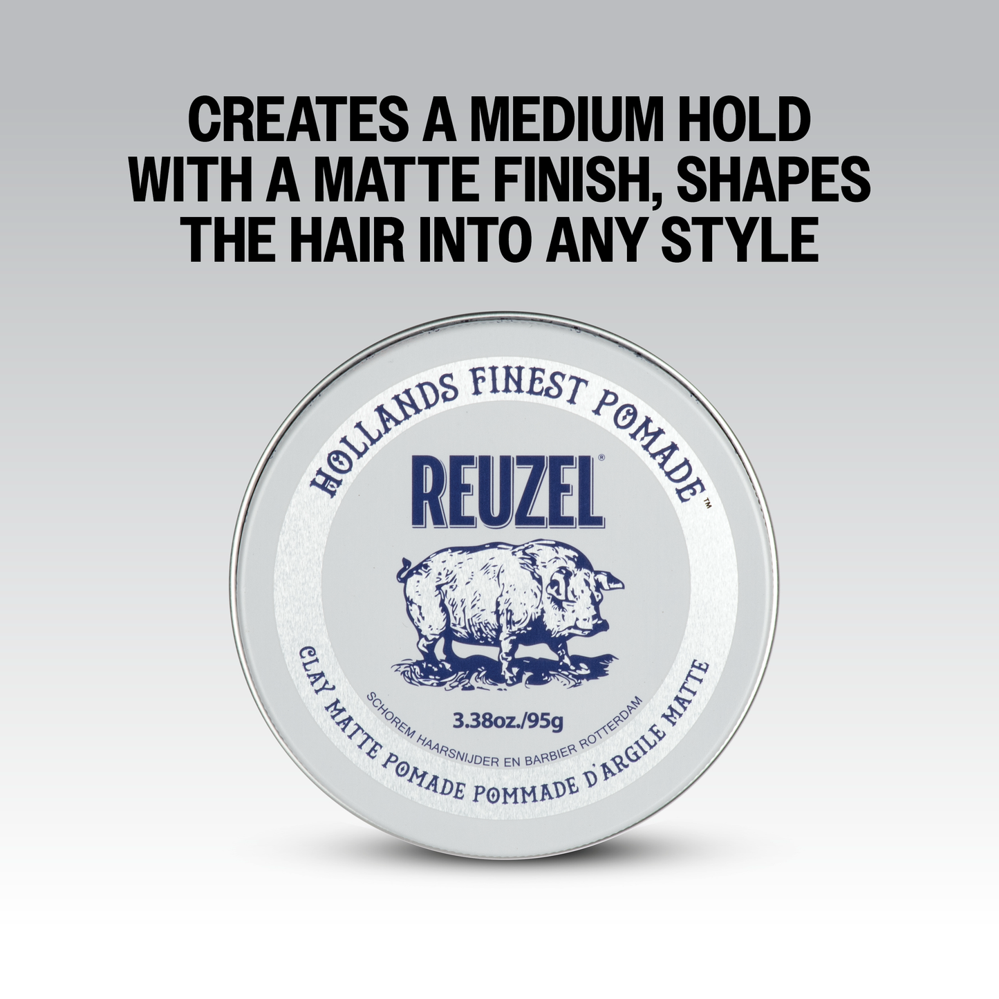 Reuzel Deutschland Clay Matte Pomade jar with black lid and label, showcasing the textured clay matte pomade product.