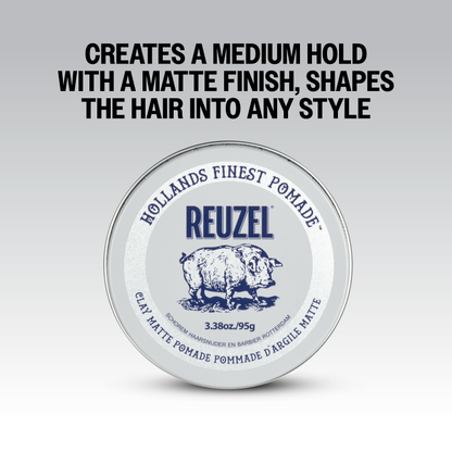 Reuzel Deutschland Clay Matte Pomade jar with black lid and label, showcasing the textured clay matte pomade product.