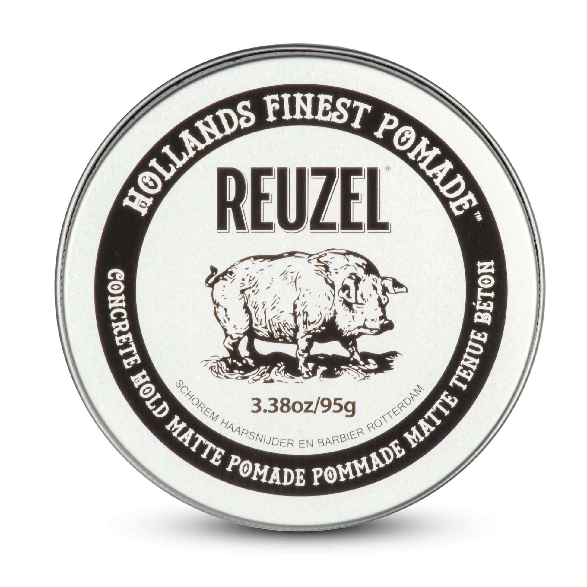 Reuzel Deutschland Concrete Hold Matte Pomade jar with black lid and label, designed for strong, matte hairstyle hold.