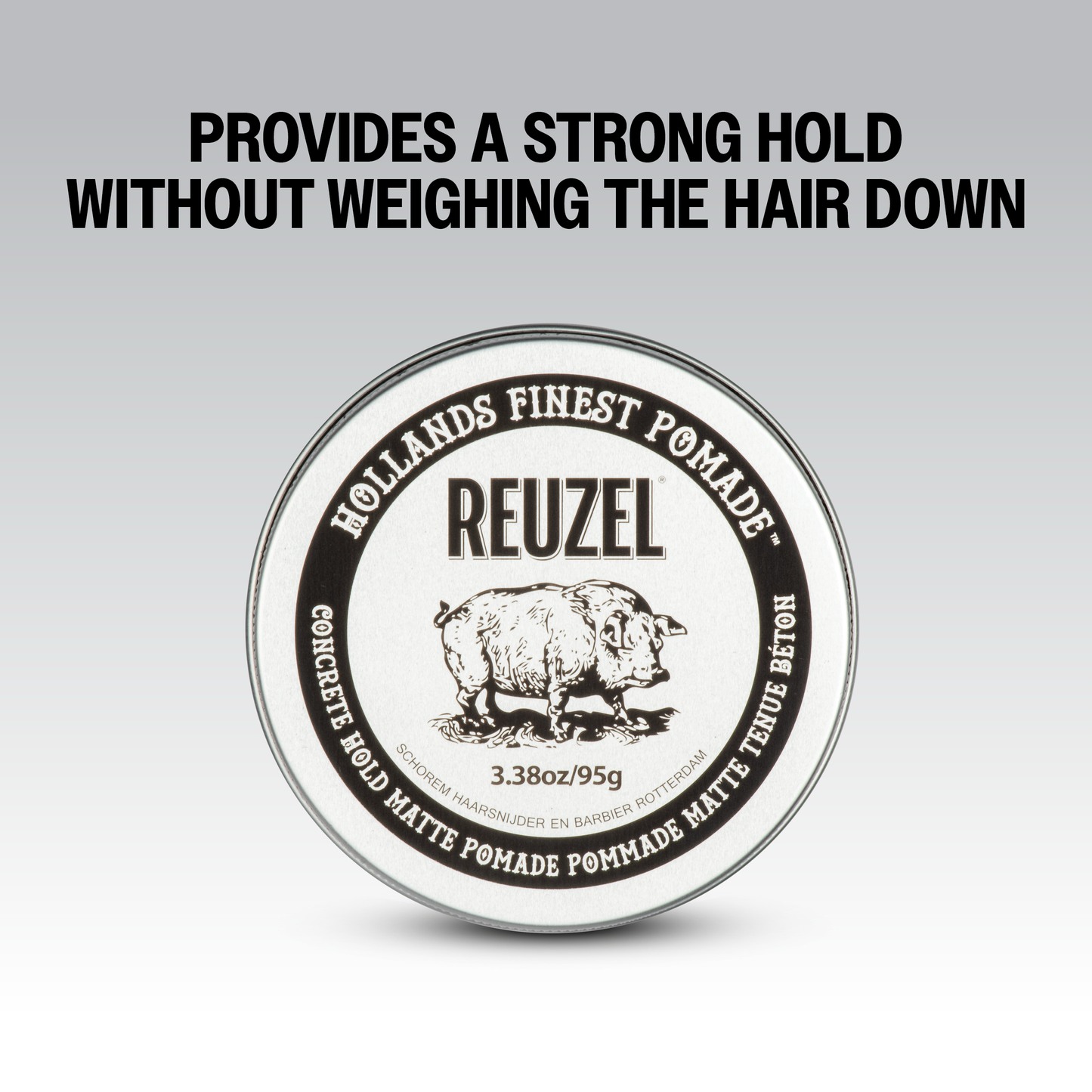 Reuzel Deutschland Concrete Hold Matte Pomade jar with black label and silver lid, showcasing the product container.